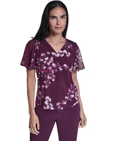 Calvin Klein Women's V-neck Floral Chiffon Blouse In Purple