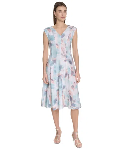 Calvin Klein Women's Watercolor-print A-line Dress In Seaspray Multi