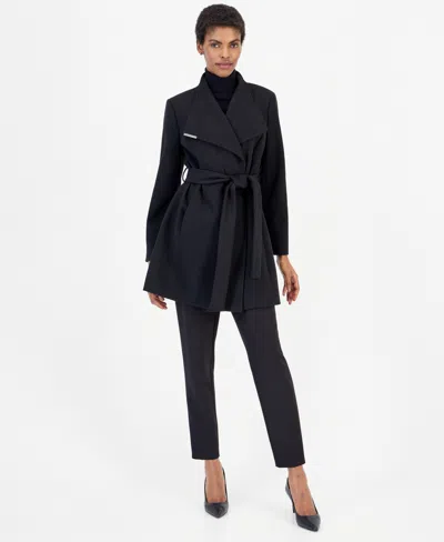 Calvin Klein Women's Wing Collar Belted Wrap Coat In Black
