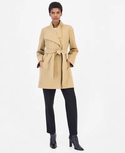 Calvin Klein Women's Wing Collar Belted Wrap Coat In Brown