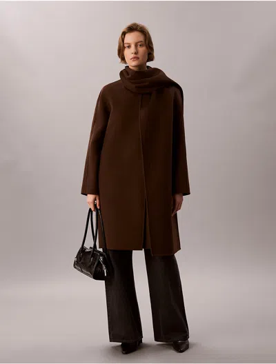 Calvin Klein Women's Wool Blend Scarf Coat In Brown Cork