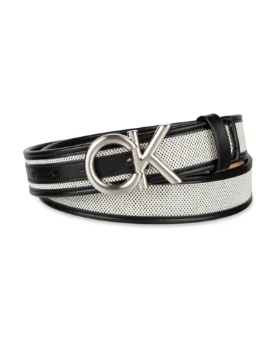 Calvin Klein Women's Woven Inlay Leather Belt With Puff Ck Monogram Buckle Belt In Black