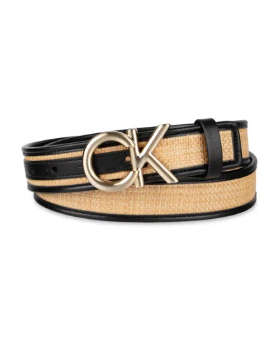Calvin Klein Women's Woven Inlay Leather Belt With Puff Ck Monogram Buckle Belt In Black