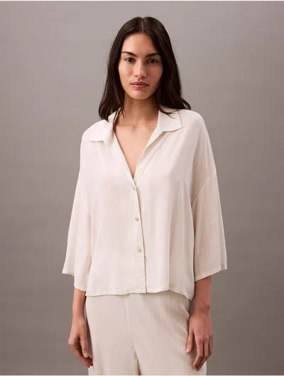 Calvin Klein Women's Woven Viscose Button-down Short Sleeve Shirt In Pelican Stripe