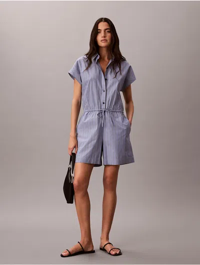 Calvin Klein Women's Yarn-dyed Poplin Cotton Romper In Dusty Sailor Blue Stripe