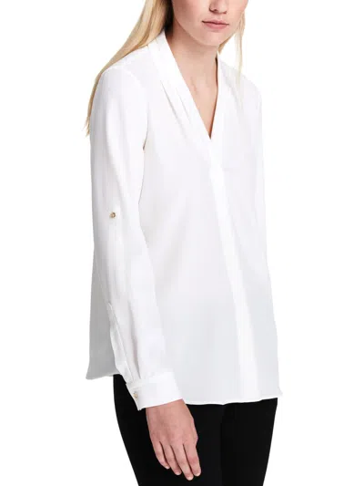 Calvin Klein Womens Adjustable Sleeve V-neck Blouse In White