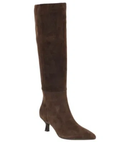 Calvin Klein Womens Akenzie Tall Suede Kitten Heel Dress Boots Regular Wide Calf In Brown