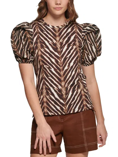 Calvin Klein Womens Animal Print Puff Sleeve Pullover Top In Brown