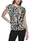 CALVIN KLEIN WOMENS ANIMAL PRINT RUCHED SLEEVE PULLOVER TOP