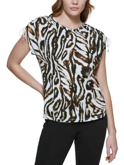 Calvin Klein Womens Animal Print Ruched Sleeve Pullover Top In White