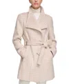 Calvin Klein Women's Plus Size Asymmetrical Belted Wrap Coat, Created For Macy's In Beige,ivory Plaid