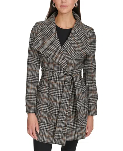 Calvin Klein Womens Asymmetrical Belted Wrap Coat, Created For Macys In Black,brown