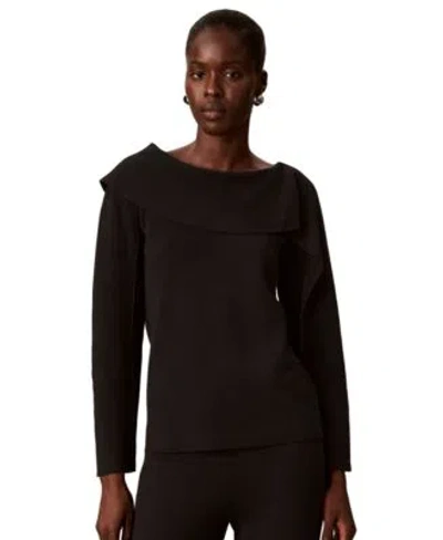 Calvin Klein Womens Asymmetrical Drape Boat Neck Long Sleeve Sweater In Saddle