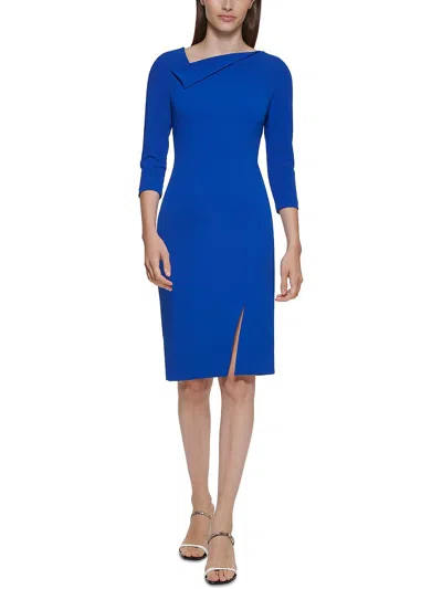 Calvin Klein Petite Asymmetrical-neck 3/4-sleeve Sheath Dress In Blue