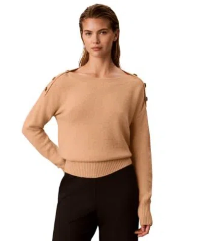 Calvin Klein Womens Bateau Neck Button Shoulder Sweater In Brown