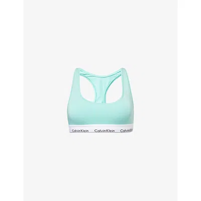 Calvin Klein Womens Beau Blue Icon Branded Stretch-cotton Blend Bralette Xs