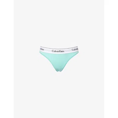 Calvin Klein Womens Beau Blue Icon Branded Stretch-cotton Blend Thong