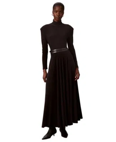 Calvin Klein Womens Belted Long Sleeve Turtleneck A Line Dress In Brown