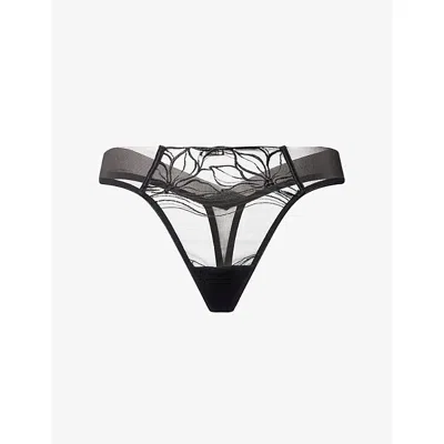 Calvin Klein Womens Black Floral-lace Mid-rise Woven Thong Xs