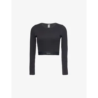 Calvin Klein Womens  Logo-waistband Cropped Stretch-cotton Lounge Top In Black