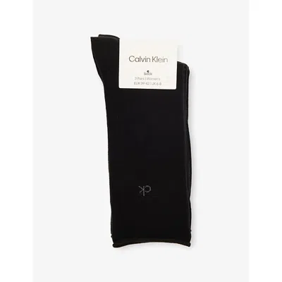 Calvin Klein Womens  Rolltop Stretch-cotton Socks Pack Of Th In Black