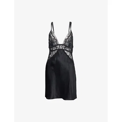 Calvin Klein Womens V-neck Lace-panel Silk Mini Night Dress Black