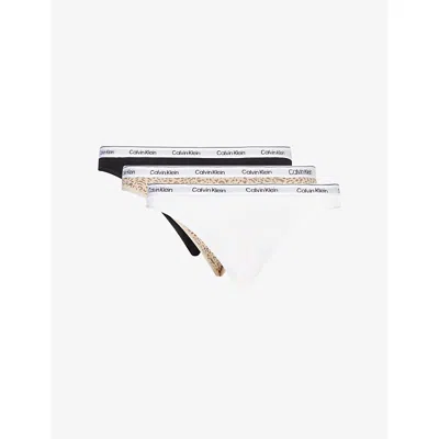 Calvin Klein Womens Blk/wht/animal Icon Logo Pack Of Three Stretch-cotton Thongs In White