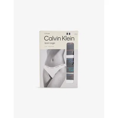Calvin Klein Womens Blk/wht/blk/gry Htr/wht Icon Logo Pack Of Five Cotton-jersey Thongs