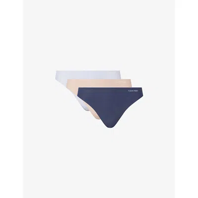 Calvin Klein Womens  Invisibles Pack Of Three Jersey Thongs In Blue