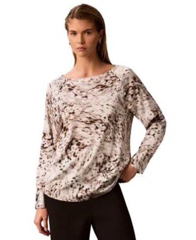 Calvin Klein Womens Boat Neck Button Front Long Raglan Sleeve Blouse In Neutral