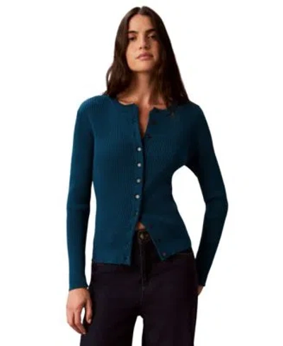 Calvin Klein Womens Button Front Ribbed Cardigan Sweater In Blue