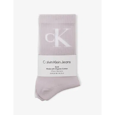 Calvin Klein Womens  Brand-monogram Ribbed Pack Of Two Cotton-blend Crew Socks In Lilac/white