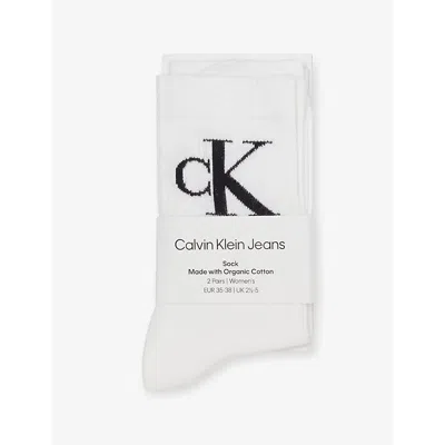 Calvin Klein Womens Brand-monogram Ribbed Pack Of Two Cotton-blend Crew Socks White
