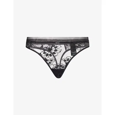 Calvin Klein Womens Black Ck Floral Stretch-lace Thong Xl