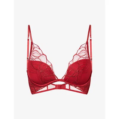 Calvin Klein Womens Floral-embroidered Stretch-lace Plunge Bra Fall Berry In Red