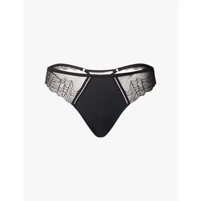 Calvin Klein Womens Geo Lace Stretch-woven Thong Black Xs
