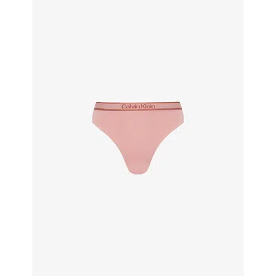 Calvin Klein Womens  High-rise Branded-waistband Stretch-cotton Blend Thong In Red/apple Butter Logo