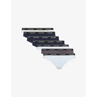 Calvin Klein Womens Shrln/blu/snwhthr/frgd Icon Logo Pack Of Seven Stretch-cotton Thongs In Multi