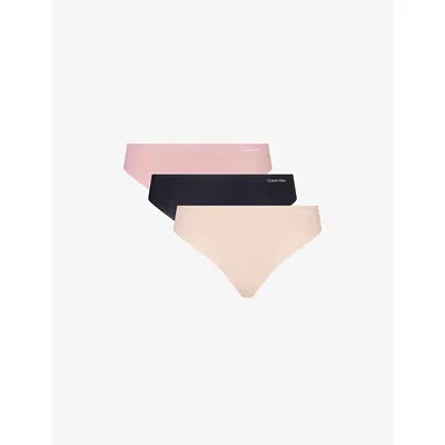 Calvin Klein Womens Black/ Cedar/ Soft Mauve Invisibles Pack Of Three Jersey Thongs In Multi