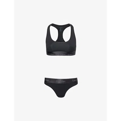 Calvin Klein Womens  Modern Limited-edition  Pack Of Two Cotton-blend Stretch-jersey Thongs In Black
