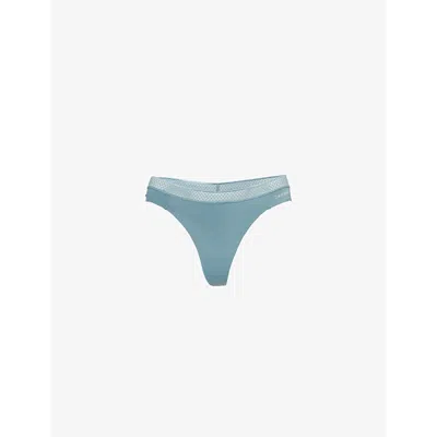 Calvin Klein Womens  Seductive Comfort Logo-print Stretch-woven Thong In Blue Performance