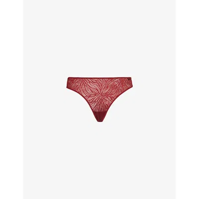 Calvin Klein Womens Sheer Marquisette Lace-embroidery Stretch-recycled-nylon Blend Thong Syrah