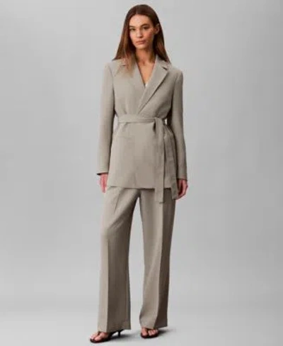 Calvin Klein Womens Casual Twill Collared Belted Blazer Casual Straight Twill Pants In Gray