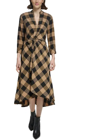 Calvin Klein Womens Check Print Rayon Midi Dress In Brown