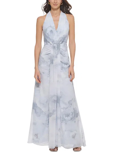 Calvin Klein Womens Chiffon Floral Evening Dress In Blue
