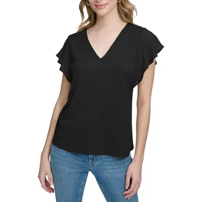 Calvin Klein Womens Chiffon Trim V Neck Blouse In Black