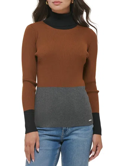 Calvin Klein Womens Colorblock Ribbed Turtleneck Sweater In Multi