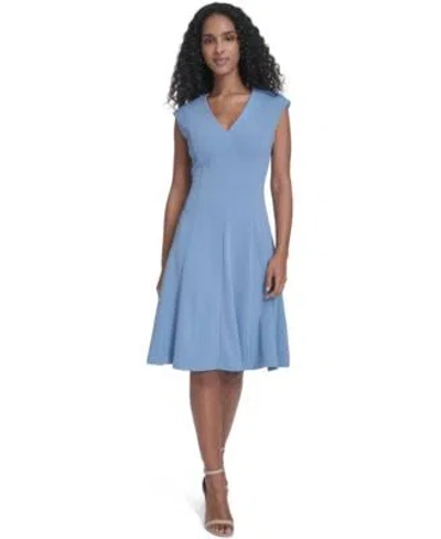 Calvin Klein Cap Sleeve Scuba Crepe V-neck Aline In Blue