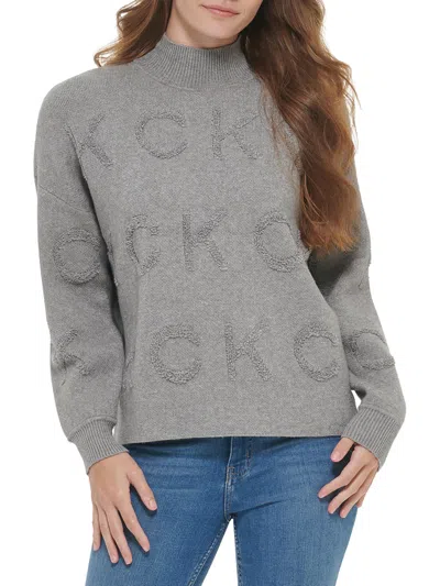 Calvin Klein Womens Cropped Monogram Mock Turtleneck Sweater In Grey