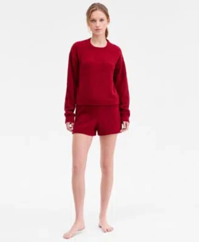 Calvin Klein Womens Cropped Plush Lounge Sweatshirt Plush Shorts In Red